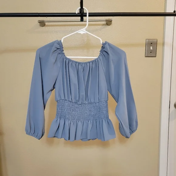 SHEIN LUNE Dusty Blue Shirred Waisted Frill Trim Peplum Blouse size XS - Picture 2 of 5